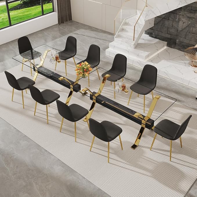 71'' Glass Dining Table Set for 8,9 Piece Dining Table Set with Open‑Frame X‑Shaped Golden Metal Base,Gold Kitchen Table and Chairs Ideal for Dining Room&Home Office