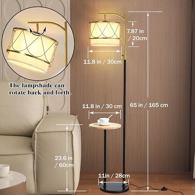 Dimmable Floor Lamp with Wooden Table and Marble Base, Boho Farmhouse Arc Standing lamp with Fabric & Metal Lampshades for Living Room Bedroom