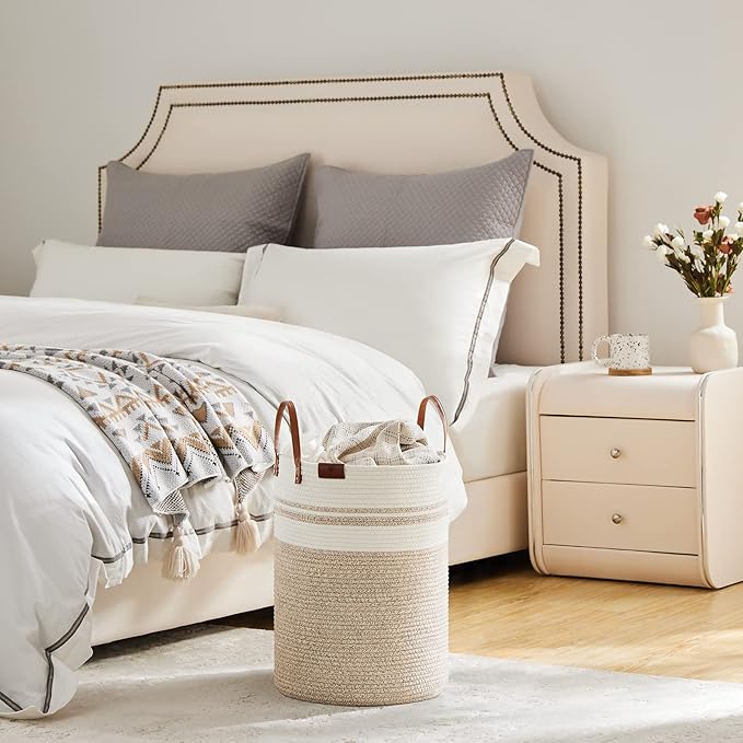 VIPOSCO Small Laundry Basket, Slim Baby Hamper with Leather Handle, Cute Woven Rope Storage Basket for Blanket, Kids Toy, Clothes In Living Room, Bathroom, Bedroom, Nursery Room - 30L Brown & White