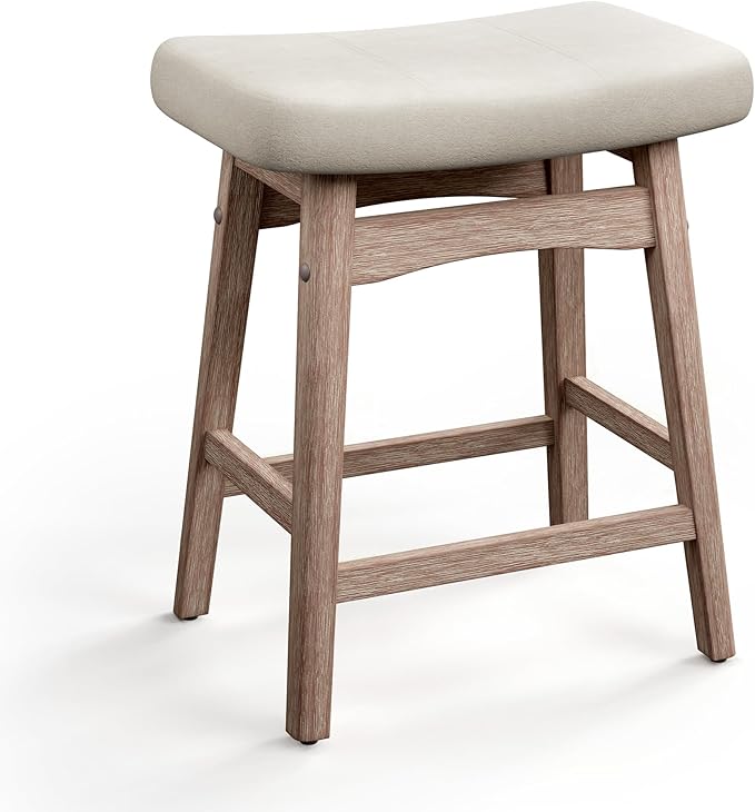 MAISON ARTS Counter Height Bar Stool for Kitchen Counter Solid Wood Legs with Fabric Saddle Seat Farmhouse Barstool for 34"-38" Counter Island Upholstered Stool, 24in, Creamy White Cushion,1pc