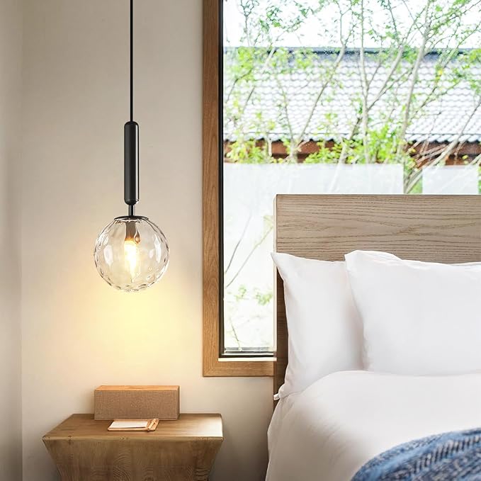 Modern Black Pendant Light Hanging Fixture Light for Kitchen Island Mid Century with Globe Pendant Light Clear Glass Pendant Lighting for Living Room Bedroom Entryway (1 Pack)