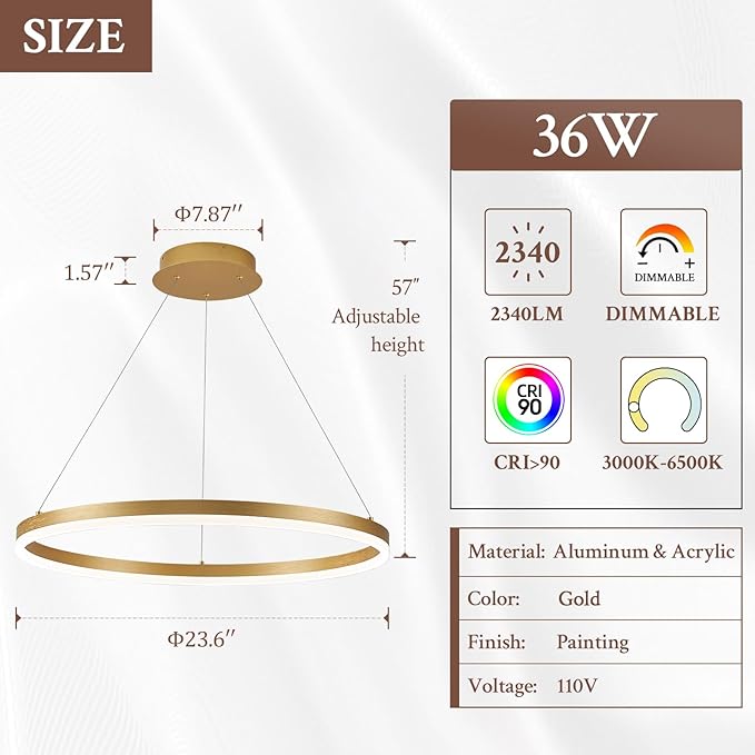 Modern LED Pendant Lighting 24'' Ring Chandelier Gold Dimmable LED Chandelier for Dining Room 36W Adjustable Pendant Light Fixture for Living Room Bedroom Home Office Foyer, 3000-6500K