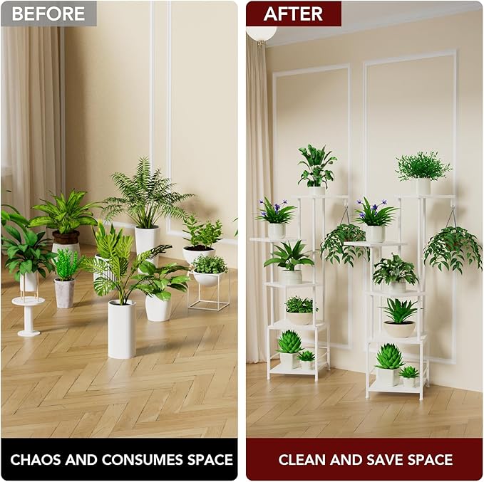 Plant Stand Indoor with Grow Light, 5-Tiered Tall Plant Stand Indoor, Metal Plant Shelf with Hanging Basket Hook and Adjustable Light, Ideal for Living Room, Garden, (2 Patio white)