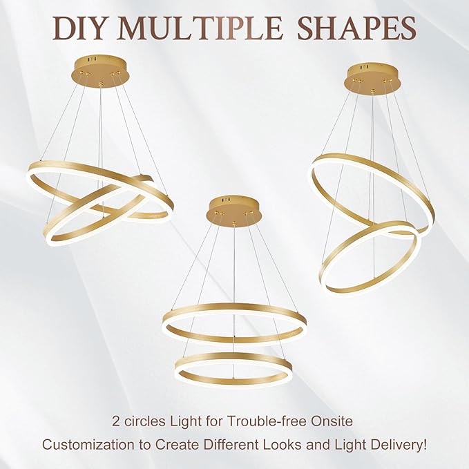 Modern LED Chandelier Gold 2-Rings Pendant Light Circular Flush Mount Ceiling Chandelier Lighting with Remote Control for Bedroom Living Room Dining Room Entrance, 3000K-6500K