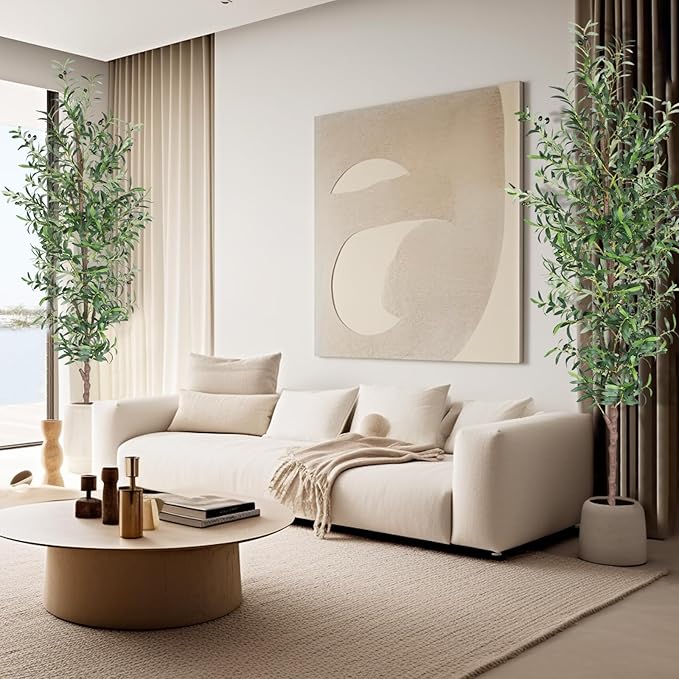 Faux Olive Tree 8FT，Olive Trees Artificial Outdoor Trunk and Realistic 1574 Leaves and 48 Fruits 8 Feet(96in) Fake Olive Tree for Modern Home Decor Indoor 2Pack