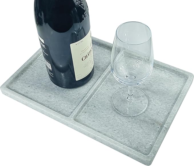 10"x8" Natural Marble Decorative Tray – Dual‑Compartment Stone Vanity Organizer for Jewelry, Keys & Soap – Premium Heat‑Resistant Bathroom Decor Gift(Belken White)