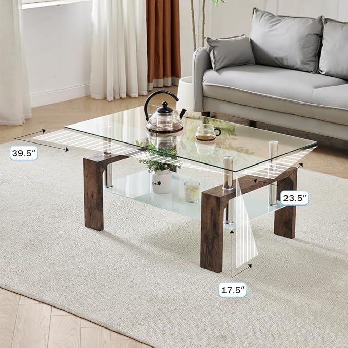 Living Room Rectangle Coffee Table, Tea Table Suitable for Waiting Room, Modern Side Coffee Table with Wooden Leg, Glass Tabletop with Lower Shelf.(Brown)