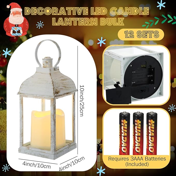 12 Set 10 Inch White Decorative Candle Lanterns Bulk Lanterns Centerpiece with LED Flameless Candle Indoor Outdoor Battery Powered Hanging Lights for Wedding Halloween Thanksgiving Christmas