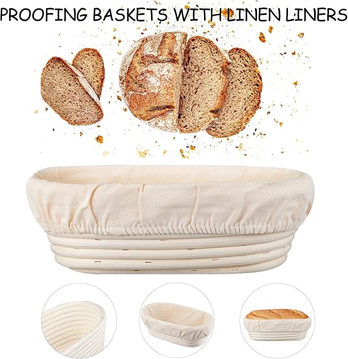 Banneton Bread Proofing Basket Banneton Basket Set Sourdough Proofing Basket Round Proofing Bowls Handmade Rattan Baskets and Liners (Oval 10 inch set of 2)