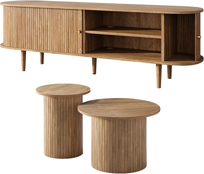 3-Piece Mid Century Modern Living Room Table Set, 70" TV Stand with Tambour Door, Nesting Round Coffee Table Set of 2, Wood Slats Entertainment Center with Storage, Natural Oak