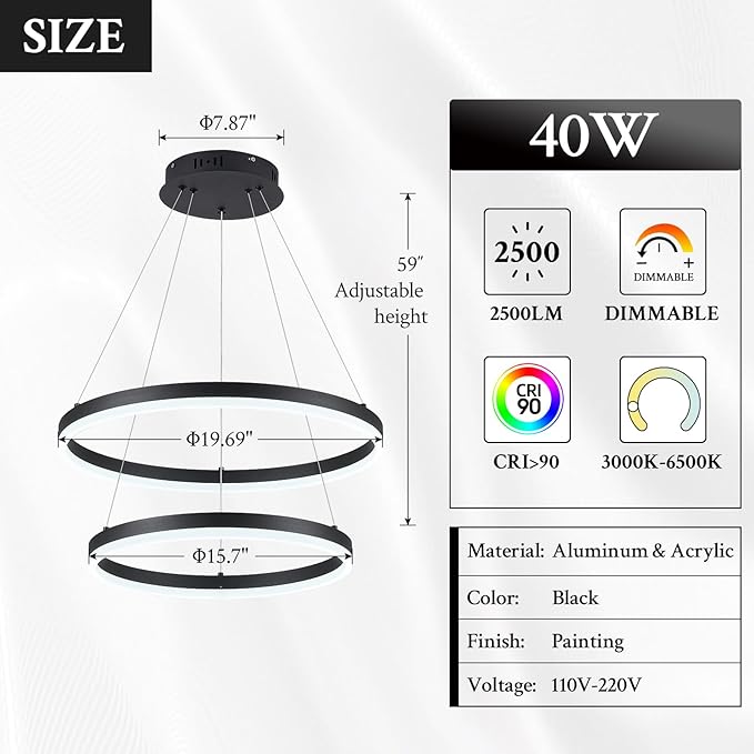 Modern LED Chandelier Black 2-Rings Pendant Light Circular Flush Mount Ceiling Chandelier Lighting with Remote Control for Bedroom Living Room Dining Room Entrance, 3000K-6500K