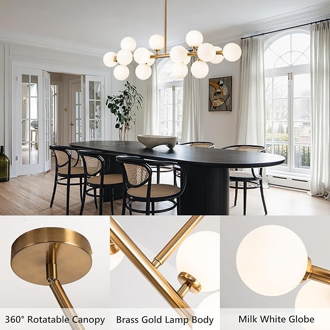 Mid Century Modern Chandelier Brass Gold Pendant Lighting Fixture Linear Chandeliers for Kitchen Island, Dining Room 16-Light