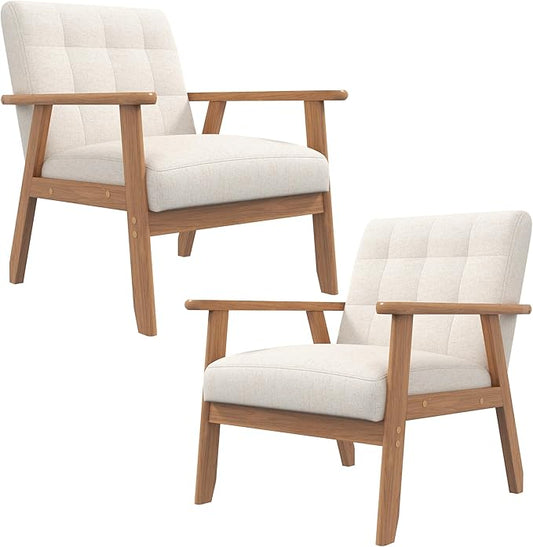 Westice Accent Chair Set of 2, Mid-Century Modern Living Room Chairs with Solid Wood Frame & Soft Thicken Cushion, Upholstered Arm Reading Chair for Bedroom, Balcony, Beige Linen Fabric & Natural Legs