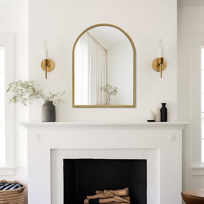 WallBeyond Gold Vintage Mirror for Vanity 24x32 Inch, Gold Antique Mirror with Ornate Beaded Frame for Bathroom, Living Room, Fireplace, Entryway