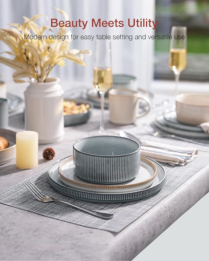 Famiware Star Dinnerware Set, Plates and Bowls Sets for 8 (24pcs), Ribbed Stoneware Dishes - Chip & Scratch Resistant, Microwave & Dishwasher Safe, Multicolor - Cappuccino White & Smoky Blue