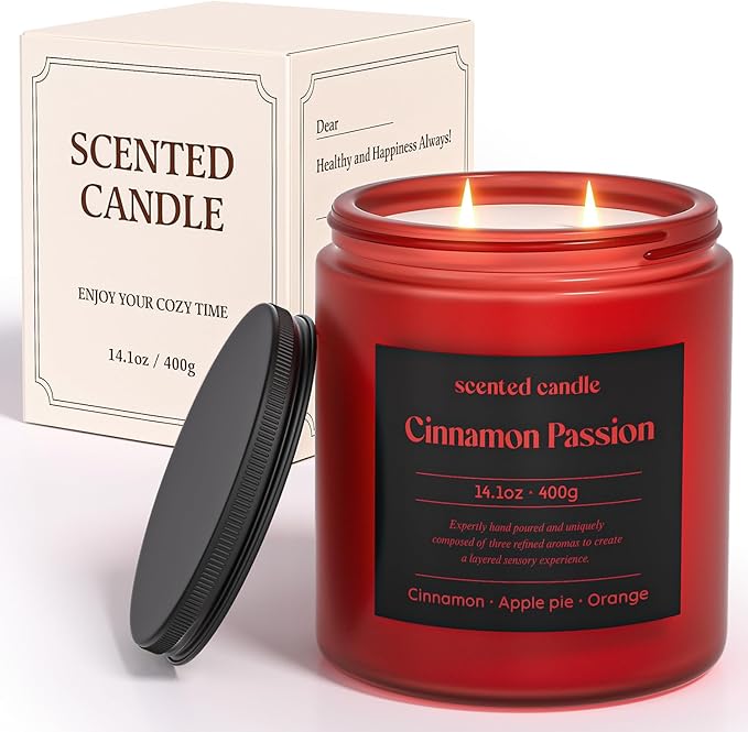 Cinnamon Candle, 14.1 oz Scented Candles for Home, 2 Wicks Blended Scents Aromatherapy Candles for Women and Men, Birthday Gifts for Women (Cinnamon+Apple Pie+Orange)