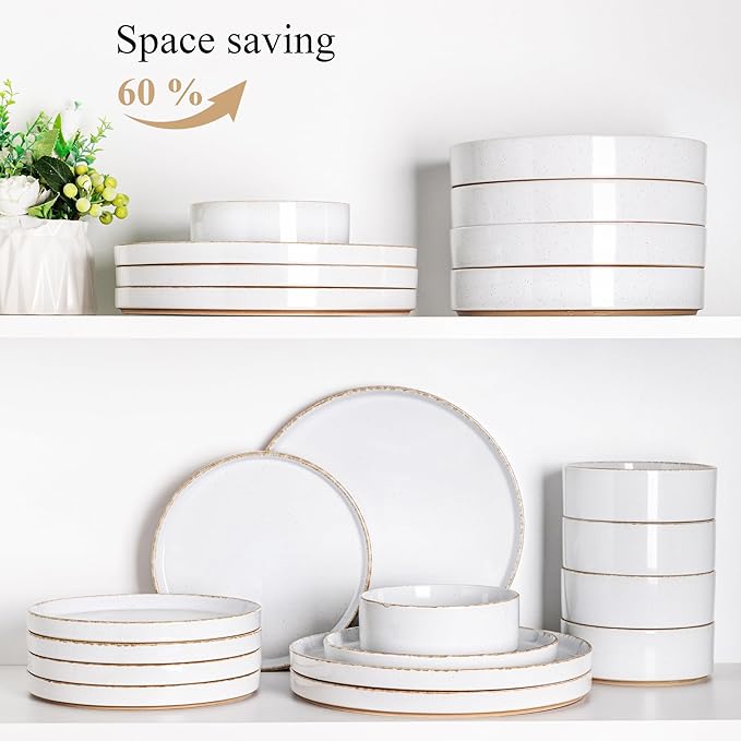 AmorArc Ceramic Dinnerware Sets for 4, 12 Pieces Handpainted Plates and Bowls Set with Rustic Terracotta Underside, Scratch Resistant Stoneware Dishes Set, Dishwasher & Microwave Safe