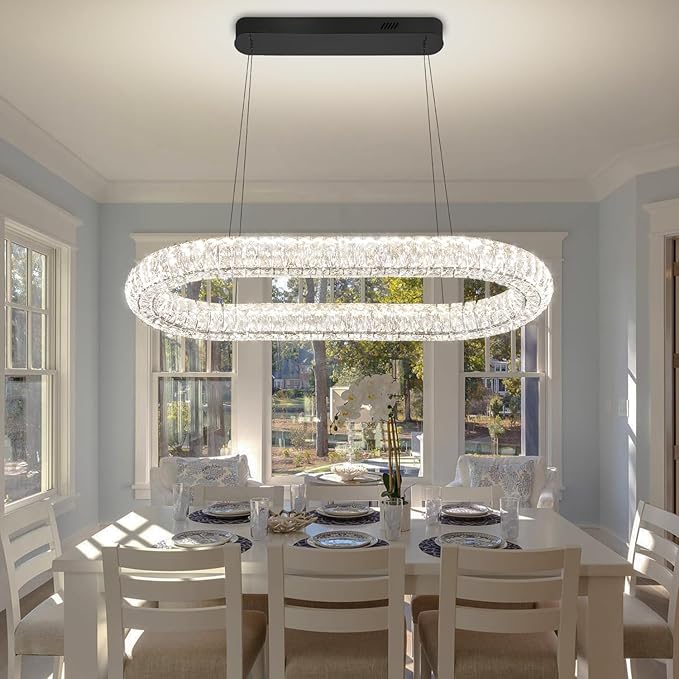 Oval Crystal Chandelier, 31.5'' Black Crystal Ring Pendant Light for Kitchen Island Modern Linear Oval Chandeliers for Dining Room Dimmable 3000K-6000K