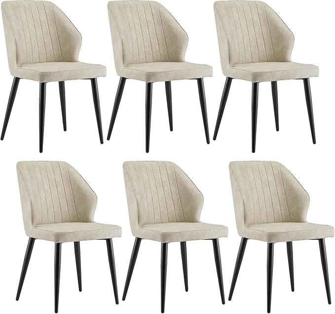 CLIPOP Faux Leather Dining Chairs Set of 6, Mid Century Modern Kitchen Chair, Upholstered Seat Leisure Side Chair with Backrests, Metal Legs for Living Room, Lounge, Guest Room, Cream