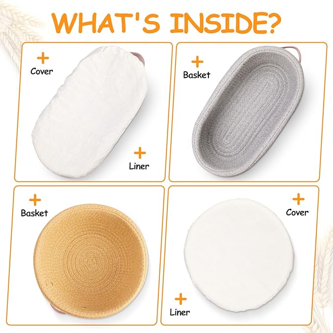 Banneton Bread Proofing Basket -Cotton Oval & Round Banneton Basket Set Sourdough Proofing Baskets Round Proofing Bowls Handmade Rattan Baskets and Liners