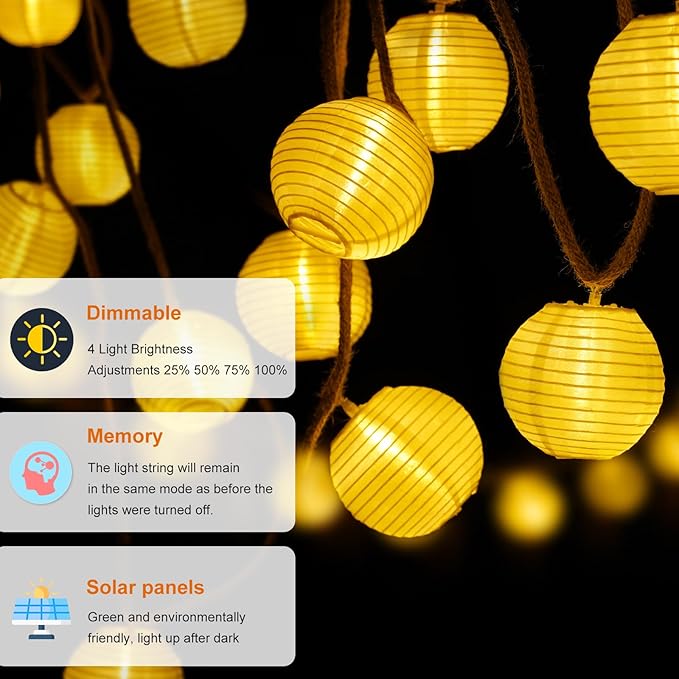 Solar Lantern String Lights Waterproof Outdoor, 40ft 40Led Warm White & Multi-Color Garden Lights Hanging Hemp Rope Nylon Lanterns with Remote, Timer for Yard, Balcony, Fences, Porch, Patio, Party