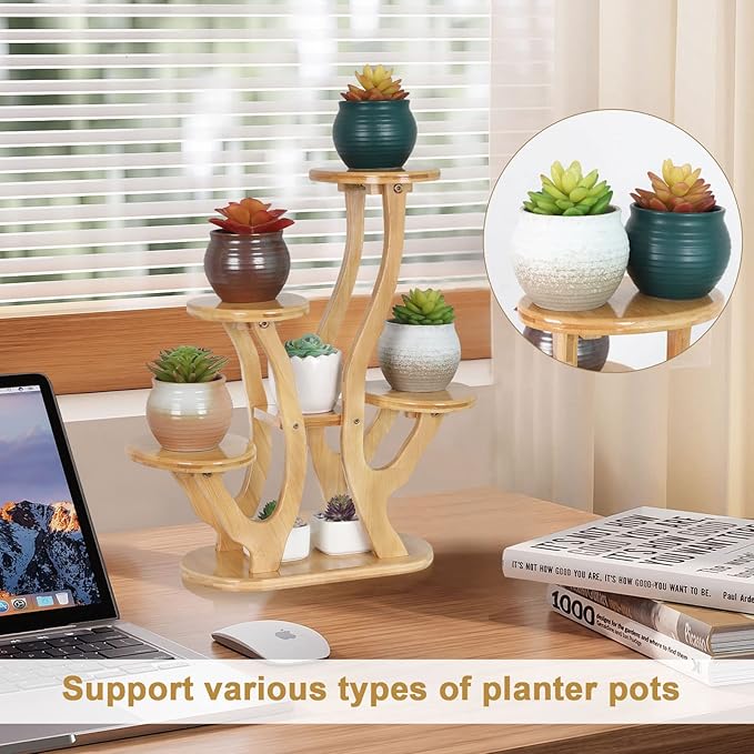 5 pots Succulent Plant Stand Indoor,tabletop tiered Plant Shelf for Small Plants,Bamboo windowsill Plant Holder Display Rack for Desktop Office Balcony