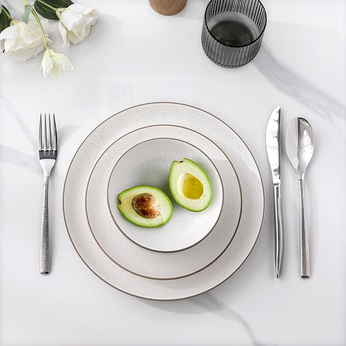 GBHOME Dinnerware Set for 4, GBHOME 12 Pieces Handmade Speckled Glaze Plates and Bowls Sets, Modern Style Scratch Resistant Stoneware Dishes Set, Dishwasher & Microwave Safe