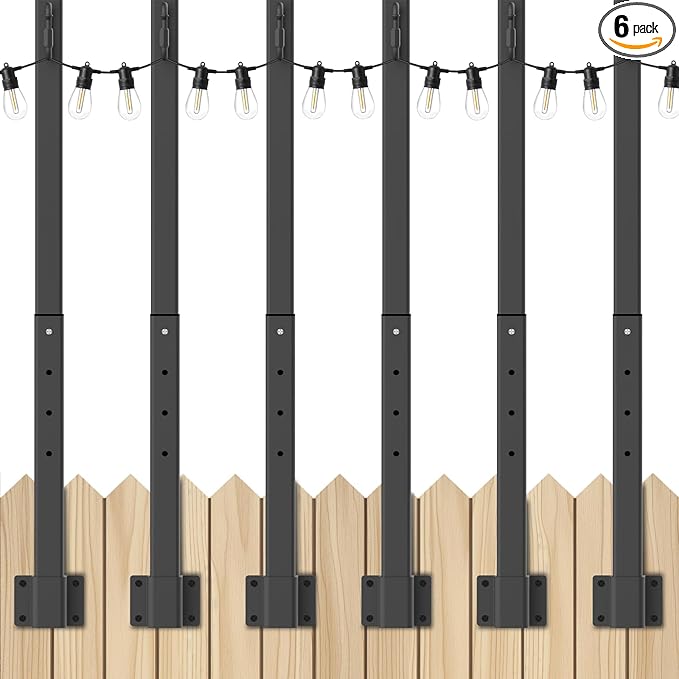 6 Pack 2.8Ft String Light Poles,Light Poles for Outside Lights,Outdoor with Fence Brackets Hanging Lights,Metal Stand Deck Patio Backyard