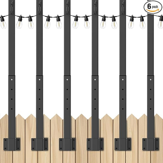 6 Pack 2.8Ft String Light Poles,Light Poles for Outside Lights,Outdoor with Fence Brackets Hanging Lights,Metal Stand Deck Patio Backyard