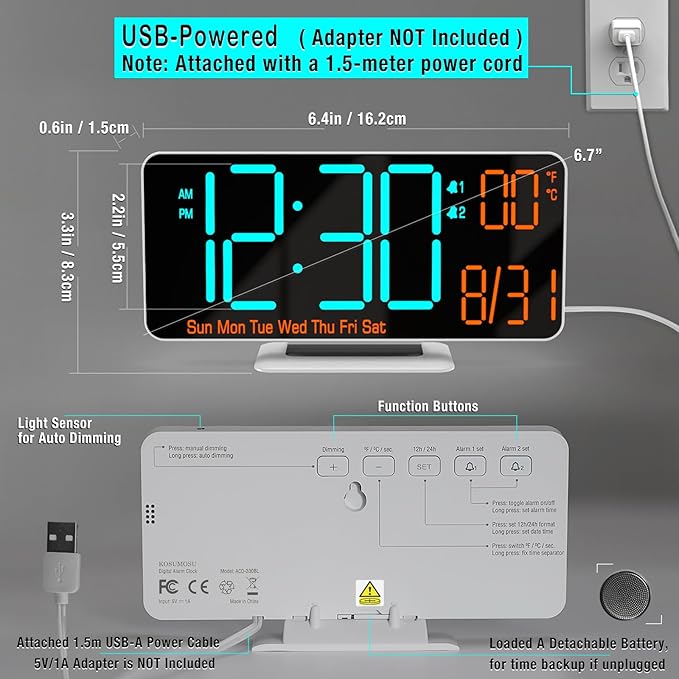 KOSUMOSU Desk Clock, 6.7in Small Digital Clock for Bedroom, Auto Dimming, Room Temperature, Day of The Week, Seconds, Date, LED Clocks for Living Room, Alarm Clocks for Bedrooms