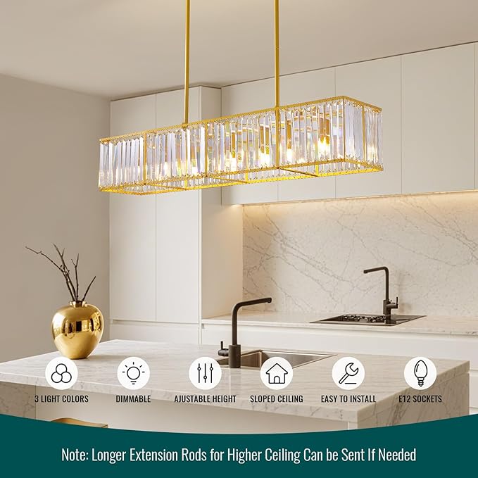 Siljoy 7 Ligts Modern Crystal Chandelier Luxury Gold Rectangular Crystal Chandelier Farmhouse Rectangle Linear Pendant Ceiling Light Fixture for Living Dining Room Kitchen Island L47'' x W10'' x H10''