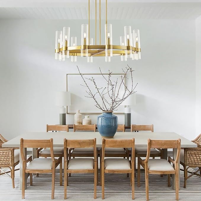 Knurldon12 Light Brass Round Chandelier 36" Wagon Wheel Chandeliers for Dining Room Light Fixture Clear Glass Tube Chandelier Modern Farmhouse Chandeliers for LivingRoom Foyer, Bulb Included