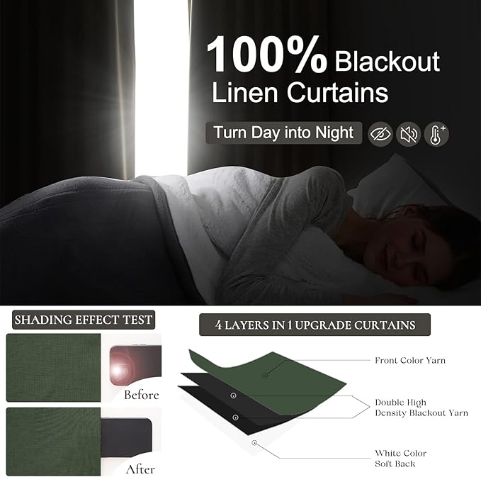 Decorative Blackout Curtains 95 Inches Long for Bedroom, Olive Green Pinch Pleated Textured Linen Blended Window Curtains 95 inch for Living Room Darkening Drapes with Hooks 2 Panels (40" Wx95 Lx2)