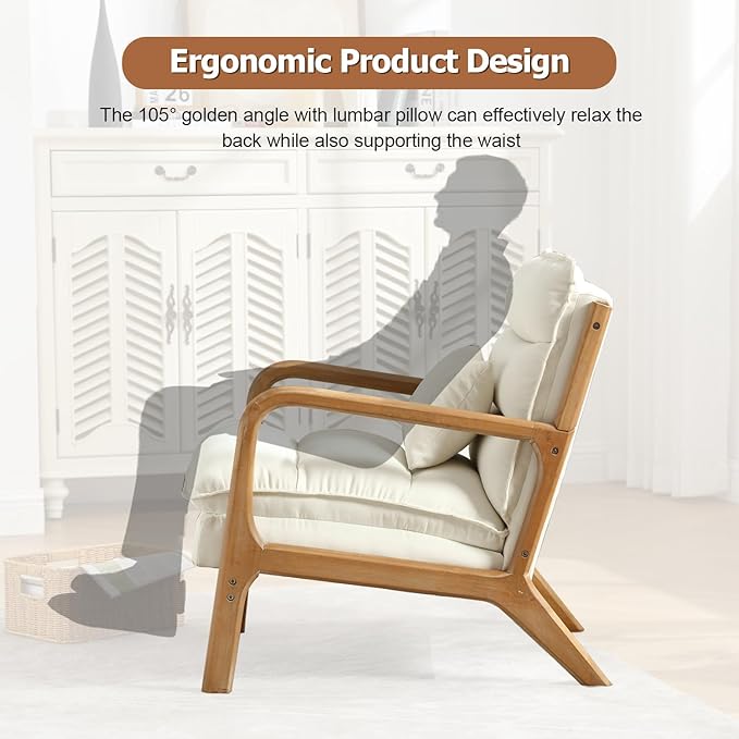 INZOY Mid Century Modern Accent Chair with Wood Frame, Upholstered Reading Armchair with Waist Cushion, Double Padded Accent Chair, Side Chair for Living Room Bedroom Office, Easy Assembly, White