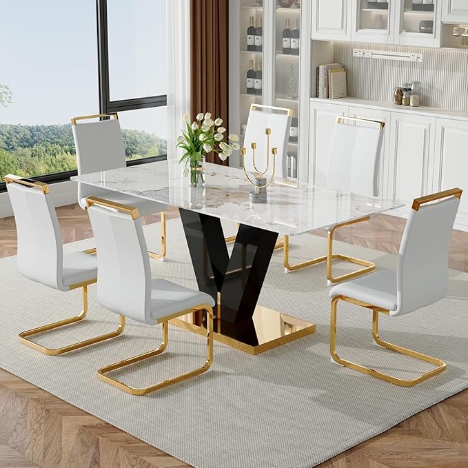 Dining Room Table Set for 6,71'' Marble Dining Table Set,Modern Kitchen Table with 6 PU Leather Chairs,Gold Dining Table Set with V-Shaped Black Glossy Pillars,Ideal for Kitchen Dining Room