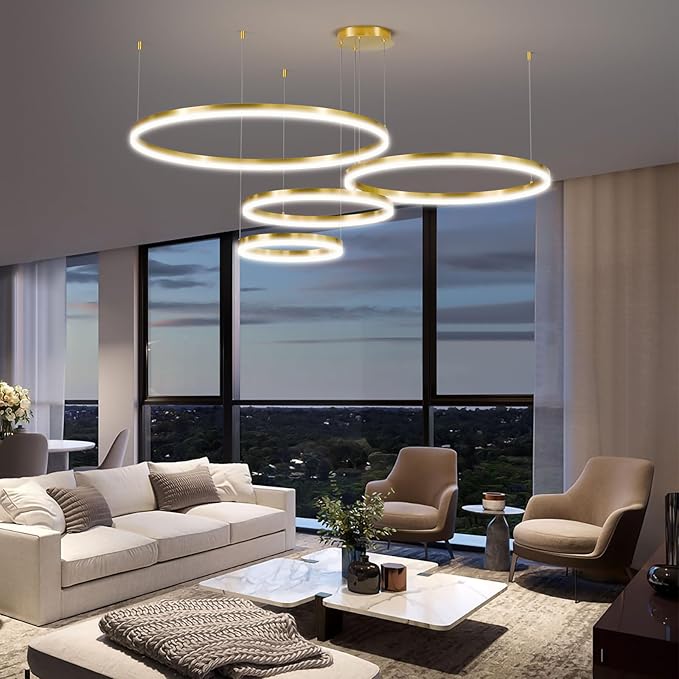 4 Rings Gold Modern LED Chandelier, Circular Dimmable Pendant Light with Remote Control, Adjustable Hanging Ceiling Lighting Over Table for Living Room, Dining Room, Foyer, Kitchen Island