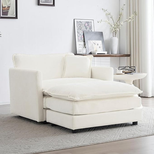 GNIXUU Oversized Accent Chair with Ottoman, Chenille Comfy Single Sofa, Modern Upholstered Lounge Reading Armchair Indoor Cloud Couch with Deep Seat & Pillow for Living Room Bedroom Apartment, White