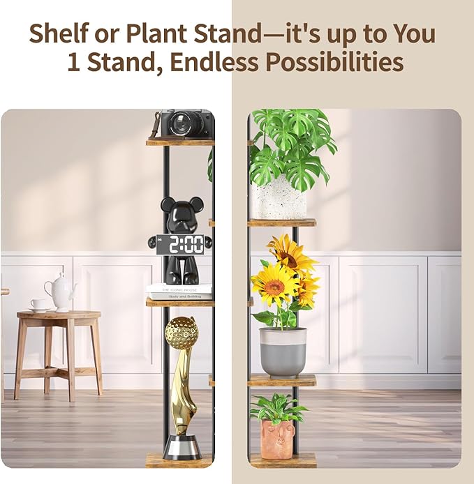 LASZOLA Black 5 Tier Wood Tall Plant Stand Indoor with Grow Lights, Large Heavy Duty Vertical Corner Rack for Multiple Planter, Sturdy Metal Rustic High Flower Shelf Holder Organizer for House Patio