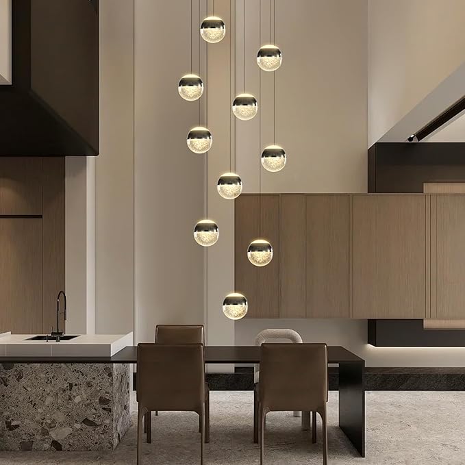 Staircase Chandelier Crystal Globe Pendant Light Black Large Chandeliers for High Ceiling,10-Lights Hanging Flush Mount Lighting Fixtures for Foyer,Entryway,Living Room