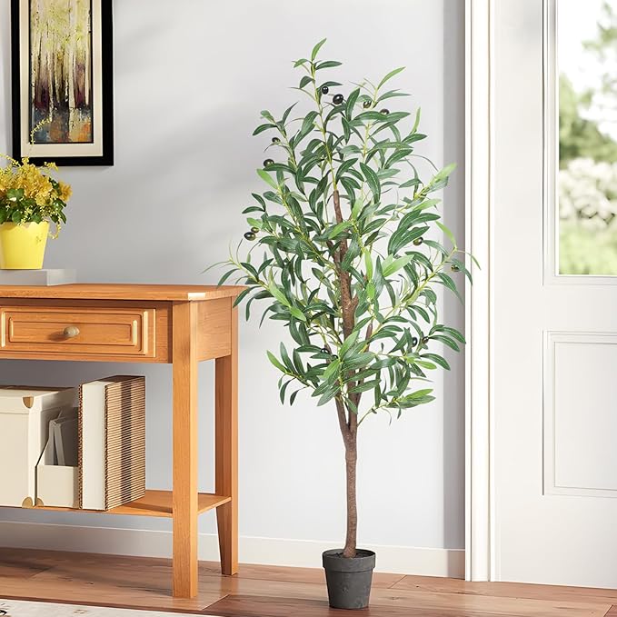 Artificial Olive Tree, 4FT Tall Faux Olive Trees 48in Outdoor Fake Potted Silk Plant with Trunk and Realistic 436 Leaves and 16 Fruits for Modern Office Home Decor（1pack）
