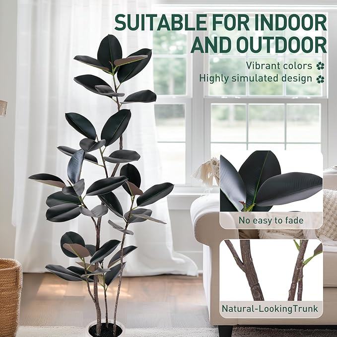 Artificial Rubber Tree - 6 FT Tall Fake Tree with Pot - Large Artificial Plants Indoor, Lifelike Branches & Foliage - Faux Plants Indoor for Home Office Living Room Floor Patio Greening