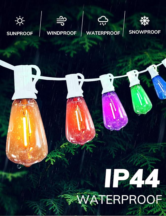 Achin Colored Outdoor String Lights White Cord - 100FT Multicolor Patio Lights with 50+3 LED ST38 Bulbs Shatterproof Colorful String Lights for Bistro Christmas Party Holiday