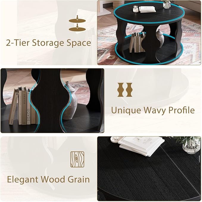 HSH Black Round Coffee Table, Modern Wood Circle Center Table for Living Room, Unique Rustic Wooden Circular Coffee Table with Storage, 2-Tier Accent Cocktail Tea Tables in Small Room, 31.5 in, Oak