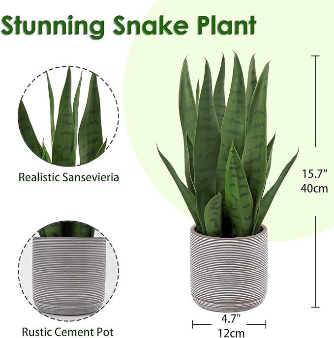 Briful Fake Snake Plant 16" Faux Potted Plant Artificial Snake Plant with Cement Pot Sansevieria Plant Perfect for House Modern Living Room Office Housewarming Gift Indoor Decor