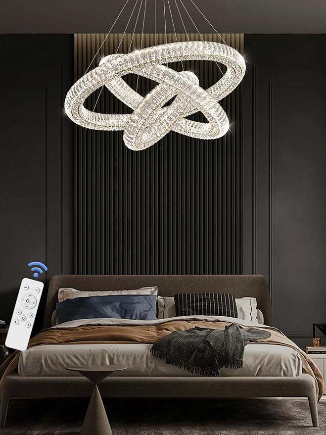 Gold 3 Rings Crystal Chandeliers for Living Room Modern LED Dimmable Crystal Ring Hanging Pendant Light Adjustable D24in+D32in+D40in