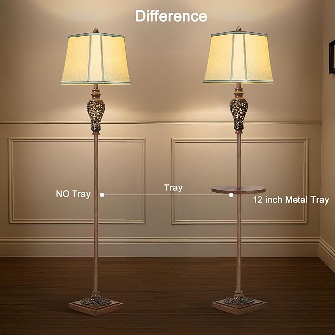 65" High Vintage Floor Lamp with Night Light and Glass Tray, Farmhouse Standing Lamp with Beige Faux Silk Shade, Retro Rustic Tall Lamp Decor for Living Room, Bedroom, Bedside, Corner (Bulb Included)