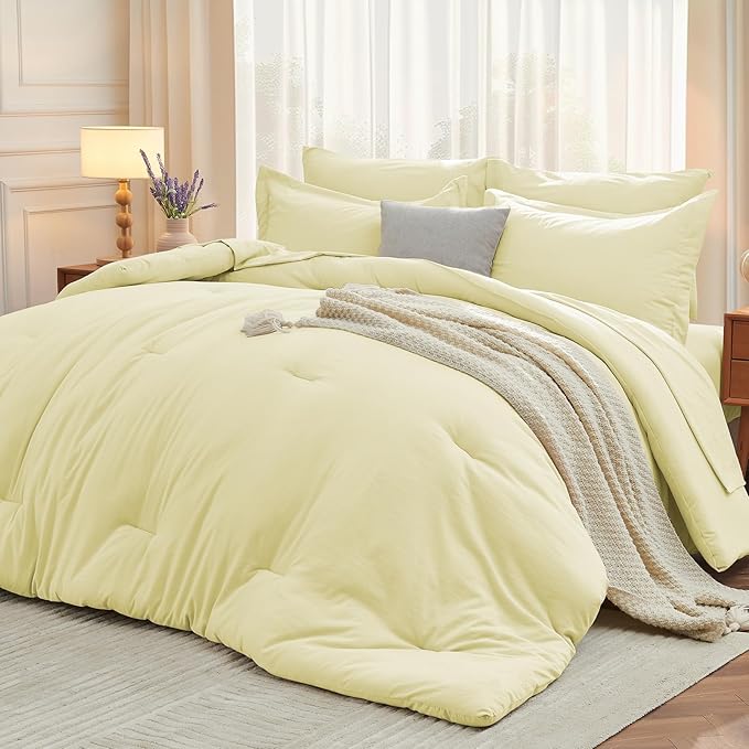 MUXHOMO 7 Pieces Queen Comforter Set, Soft Bed in a Bag Queen Size, All Season Bedding Set with Comforter, Flat Sheet, Fitted Sheet, Pillowcases & Shams, Cream Yellow