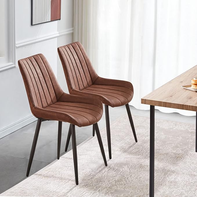 TUKAILAi Faux Leather Dining Chairs Set of 4, Modern Linear Design Kitchen Chairs with Upholstered Seat and Metal Legs, Comfortable Side Chairs for Dining Room Restaurant Commercial (Brown)