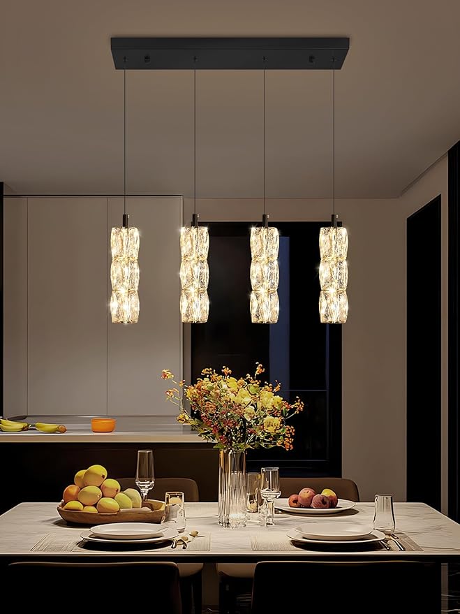 Dining Room Light Fixture 4-Light Black Kitchen Island Lighting Industrial Linear Chandeliers for Dining Room Pendant Light Fixture for Living Room Hallway Bedroom 2700K-6000K