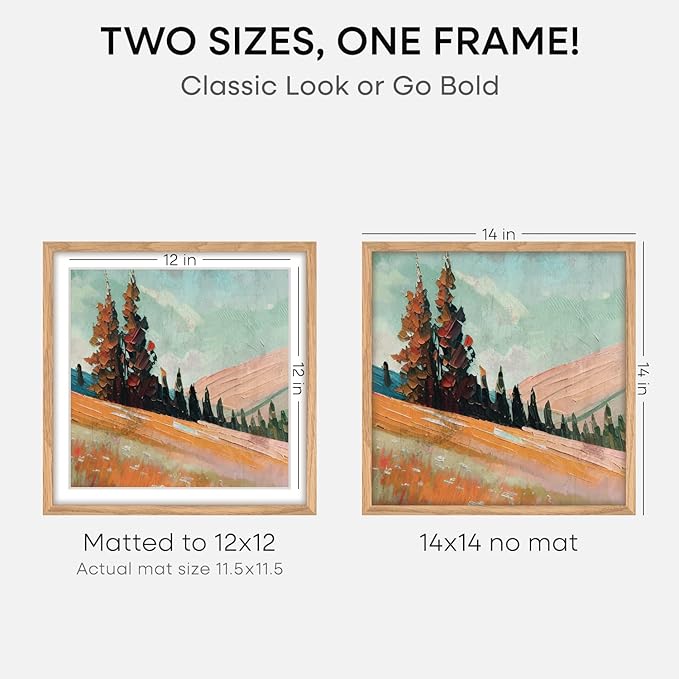 Homeforia Wood Square Frame 14x14, High End Natural Oak 14 x 14 Light Wooden Picture Frames with Mat 12 by 12 inch Photo, 14by14 Poster Frames Matted to 12x12 Print, Tempered Glass, Wall Kit, Set of 1